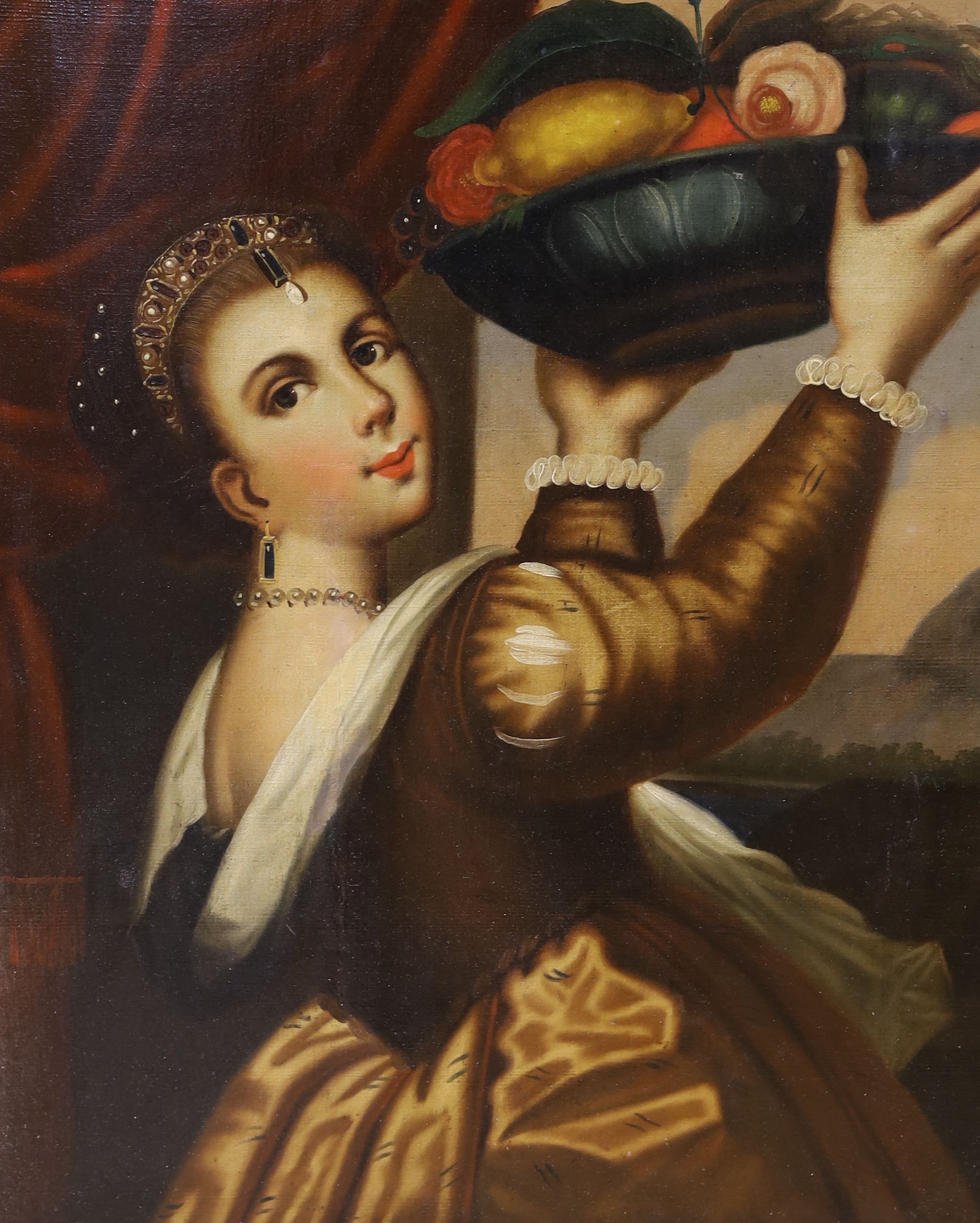 Continental School, oil on canvas, Woman holding aloft a bowl of fruit and flowers, 63 x 50cm